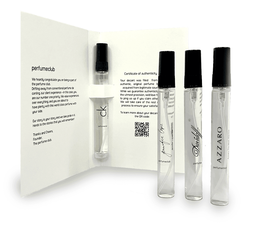 PerfumeClub authenticity card and decant bottles